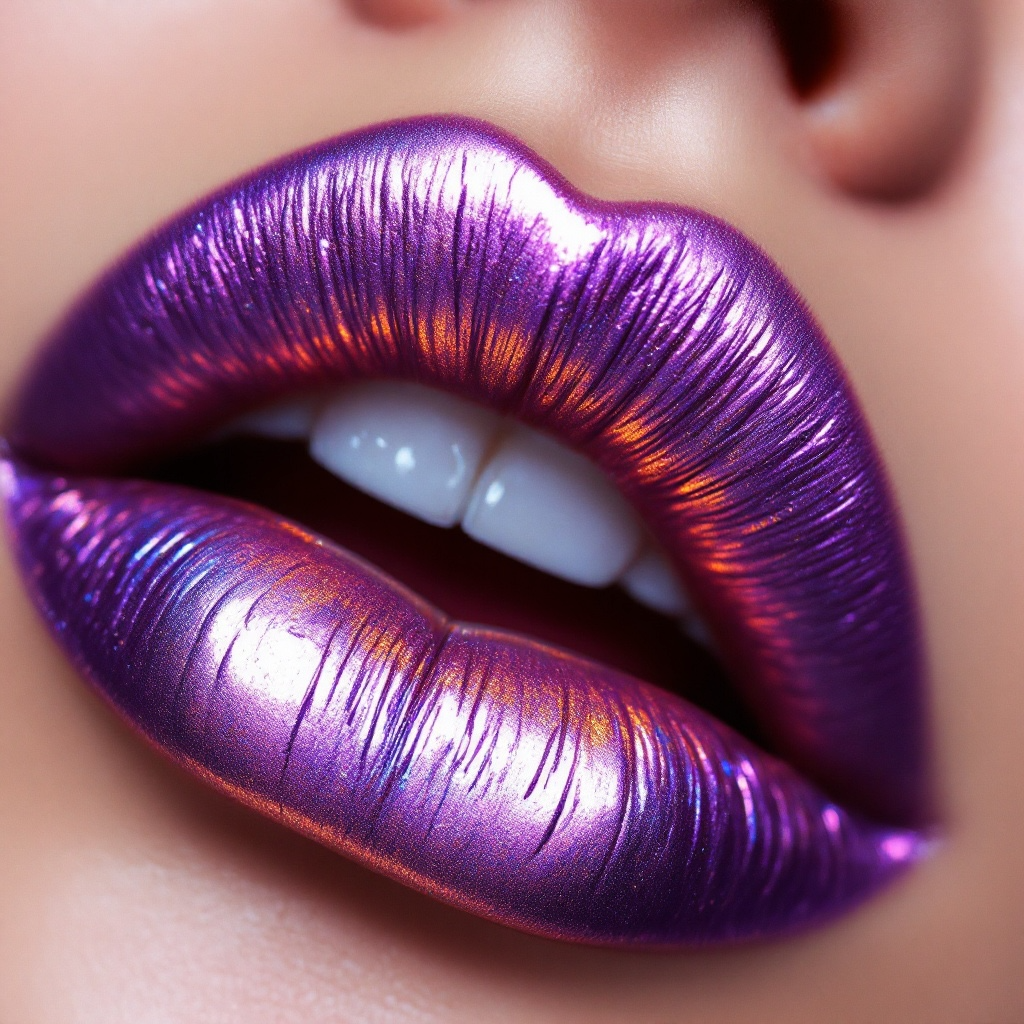 Close-up of purple, metallic lips with white teeth.