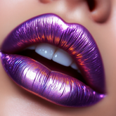 Close-up of purple, metallic lips with white teeth.