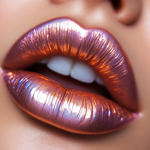 Close-up of glossy, shimmering copper lipstick on lips with white teeth.

