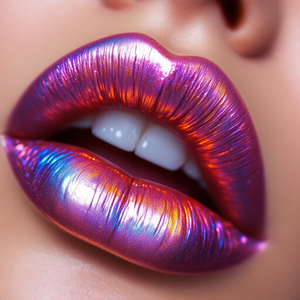 Close-up of vibrant, iridescent lips with white teeth visible.