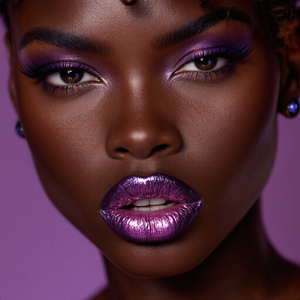 Close-up of a woman with dramatic purple eyeshadow and metallic purple lipstick.