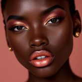 Close-up of woman with copper makeup, including lip color and eye shadow, and gold earrings.
