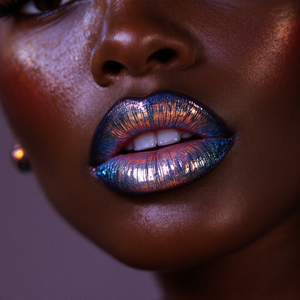 Close-up of a woman with dark skin and iridescent blue and orange lipstick.