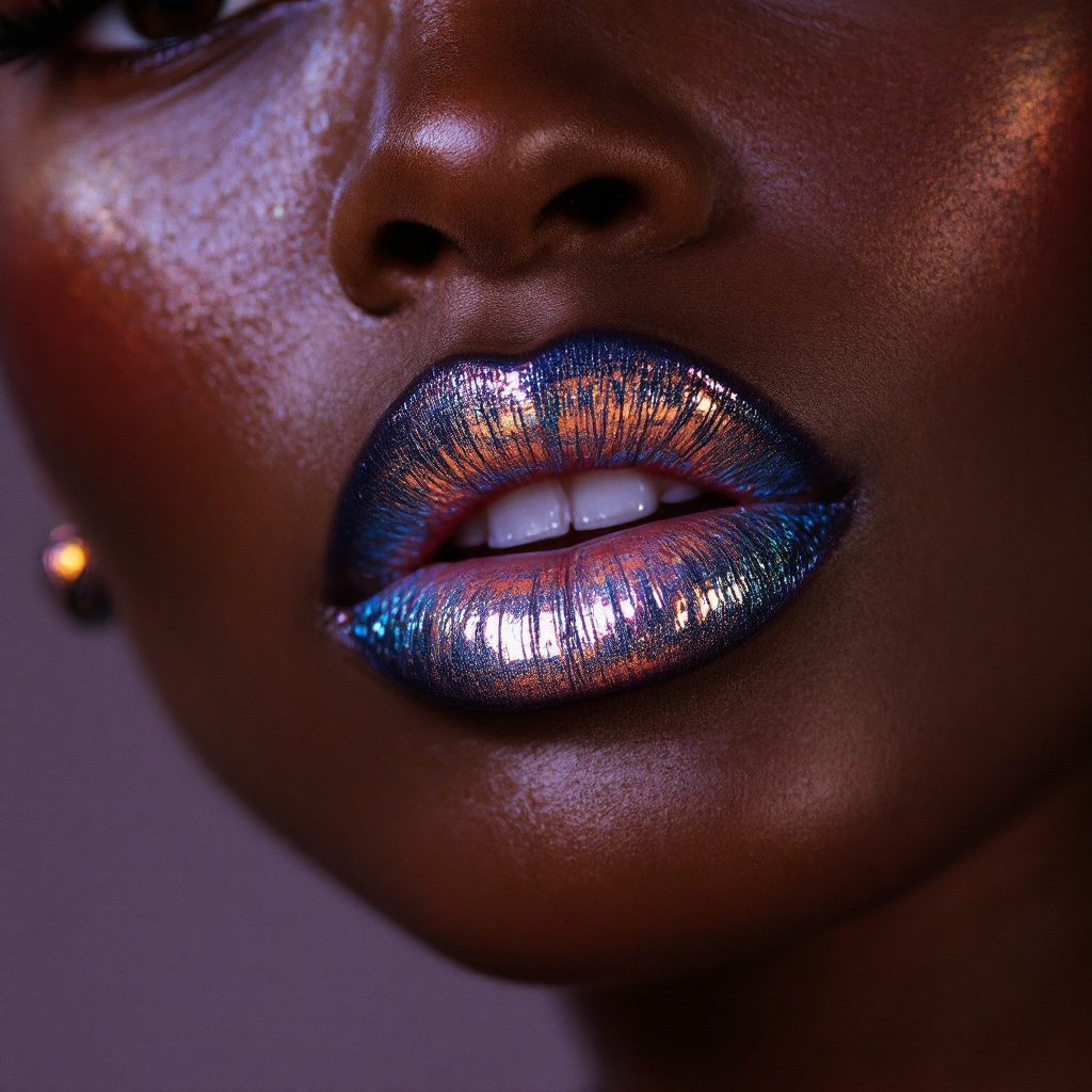 Close-up of a woman with dark skin and iridescent blue and orange lipstick.