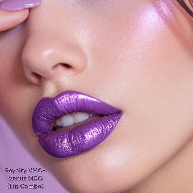 Close-up of a woman with purple metallic lipstick.

