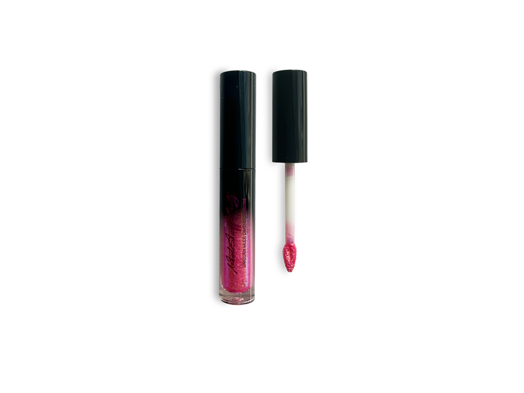 Pink glitter lip gloss tube with applicator.